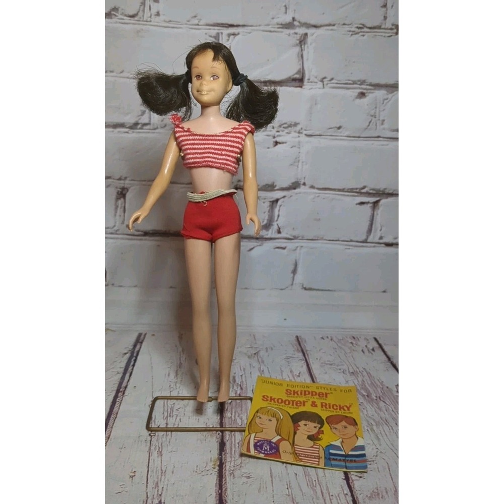 Vintage 1965 Skooter Doll Original Swimsuit, Wire Stand, & Booklet. Brunette